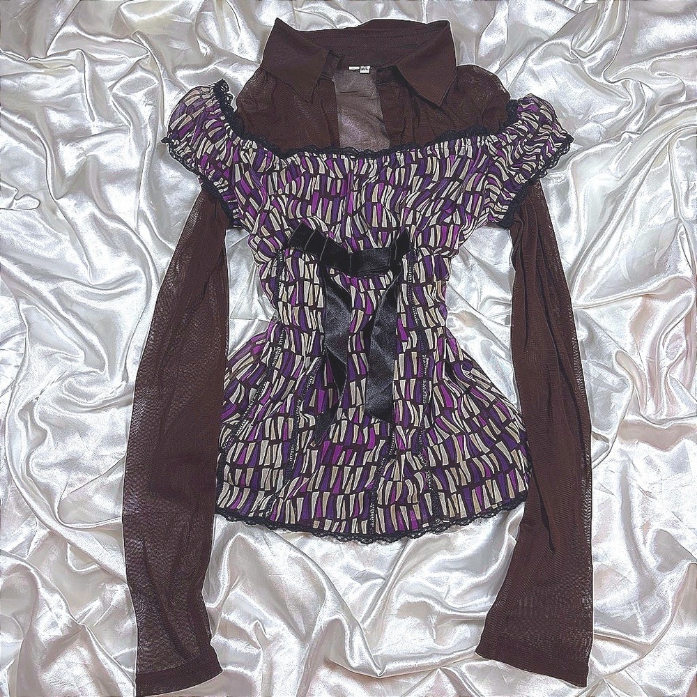 y2k Mesh Top Brown Purple Excellent Sheer Layered Lace Bow Geometric Print